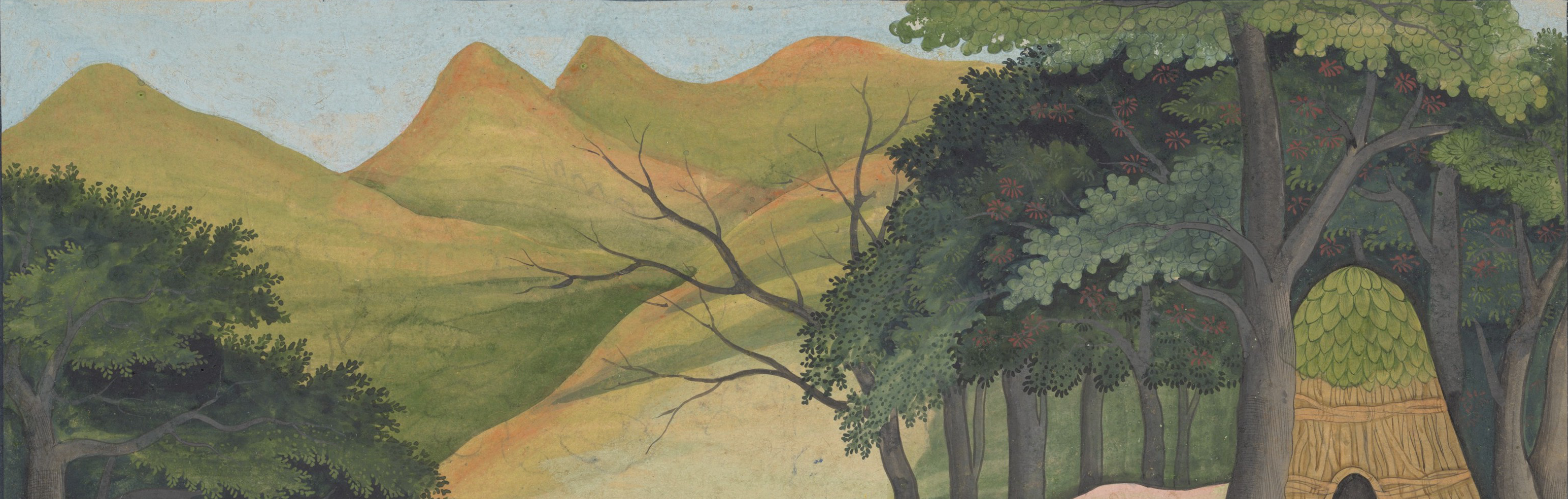 A landscape painting of distant mountains with an ascetic's hut set in amongst a forest.